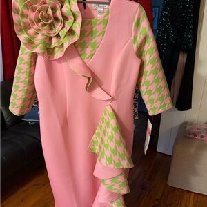 Pink and Green Ruffle Dress with Floral Accent